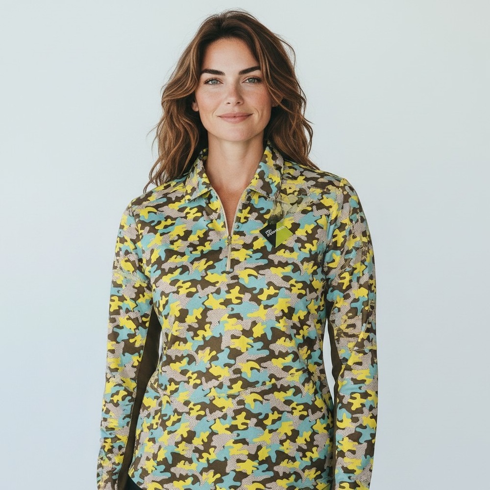 Bette & Court Cool Elements UPF 50 Camo Quarter Zip Pullover Yellow Blue Large